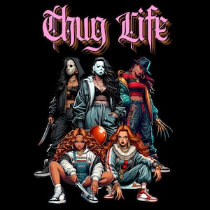 Puede incluir: Cinco mujeres vestidas como personajes de películas de terror, incluyendo Freddy Krueger, Jason Voorhees y Pennywise, con el texto "Thug Life" en letras rosas encima de ellas.