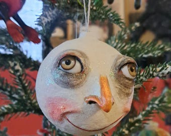 Folk Art christmas ornament snowman head smiling face unique handmade creepy Christmas