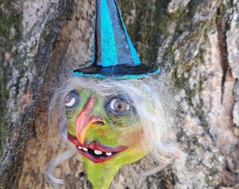 Unique Halloween green witch head ornament  7" folk art halloween