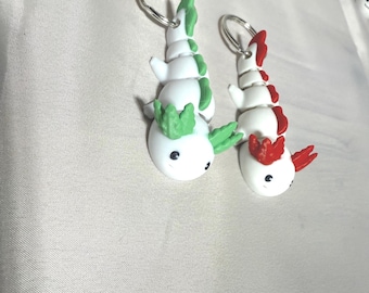 Llavero de ajolote (impreso en 3D, verde y blanco o rojo y blanco). Bonito colgante flexible de ajolote para bolso o mochila. Juguete antiestrés.