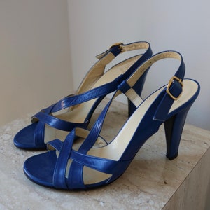 Vintage Christian Dior Slingback Heels Disco Pinup Style Strappy Cobalt Blue Leather Vintage Designer Dior Souliers size 7 7.5