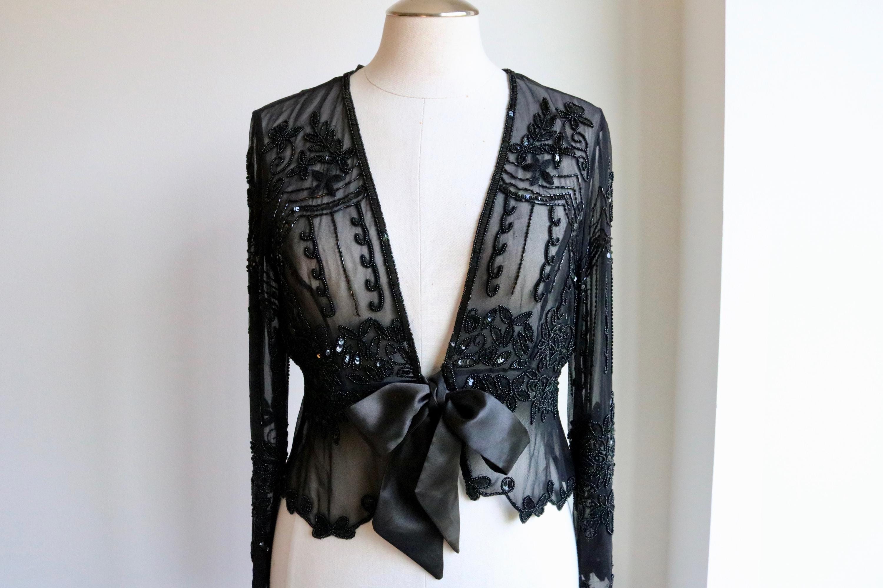 トップス vintage bead embroidery sheer top Vintage 90s Sheer Tulle Blouse for Women Size M L, Long Mesh