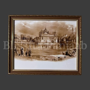 May include: Sepia-toned framed print showing a detailed architectural scene with a large central building reflected in water. Figures are present on the banks. The frame has an ornate gold finish.