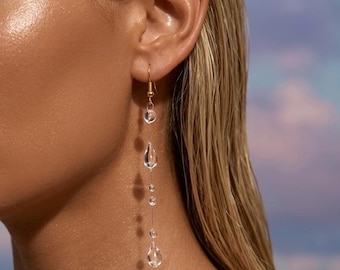 Clear Resin Raindrop Cascade Earrings, Long Thin Droplet Strand Dangle, Minimalist Bridal Jewelry