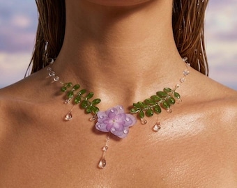 Real Preserved Hydrangea Flower Necklace | Fern Frond, Pearl, Dewdrop Accents