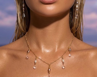 Freshwater Pearl Dewdrop Gold Chain Necklace Earring Set, White Purple Blush Pearls, USA Handmade