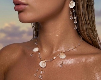 Hand-Carved Shell Rose Necklace and Earrings Set with Pearls, Crystal Drops – Mermaidcore Bridal Jewelry