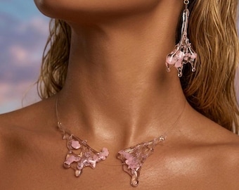 Real Pink Baby's Breath Resin Necklace and Earring Set – Fairycore Jewelry