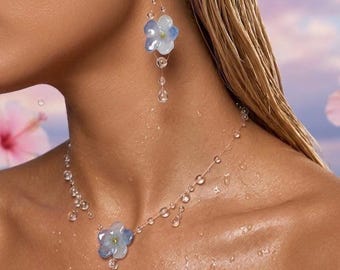 Handmade Forget-Me-Not Resin Jewelry Set • Blue Floral Dangle Necklace Earrings