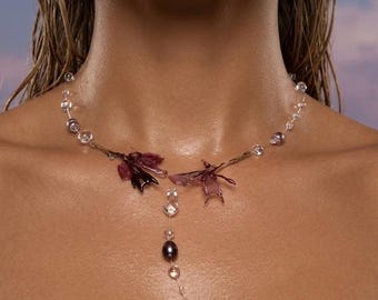 Real Dried Flower Necklace | Burgundy Blooms, Freshwater Pearls, Resin Twig Pendant