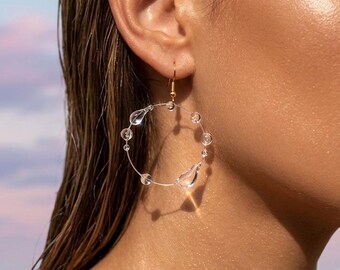 Resin Dewdrop Hoop Earrings, Handmade Water Droplet Jewelry, Minimalist Gold-Tone Hoops