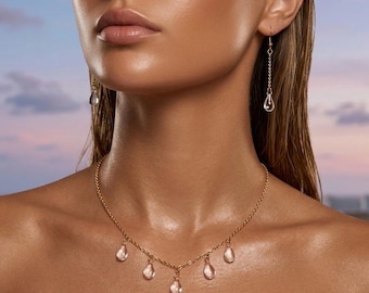 Clear Resin Dewdrop Gold Chain Necklace Earring Set Handmade Water Drop Dangle Earrings Matching Jewelry Set Gift for Her Fairycore