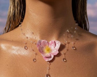 Handmade Resin Cherry Blossom Necklace · Pink Sakura Dewdrop Chain · Fairycore Spring Jewelry
