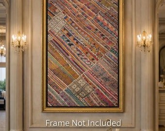 Tapiz de pared abstracto de patchwork hecho a mano / Arte textil bohemio de lujo / Decoración bordada grande 70x40