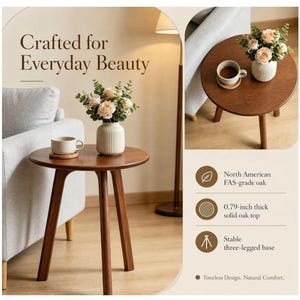 Puede incluir: Una mesa auxiliar redonda de roble de grado FAS de Am&eacute;rica del Norte con una tapa de madera maciza de 2 cm de grosor y una base estable de tres patas. La mesa tiene un acabado marr&oacute;n c&aacute;lido y un jarr&oacute;n blanco acanalado con flores rosas.