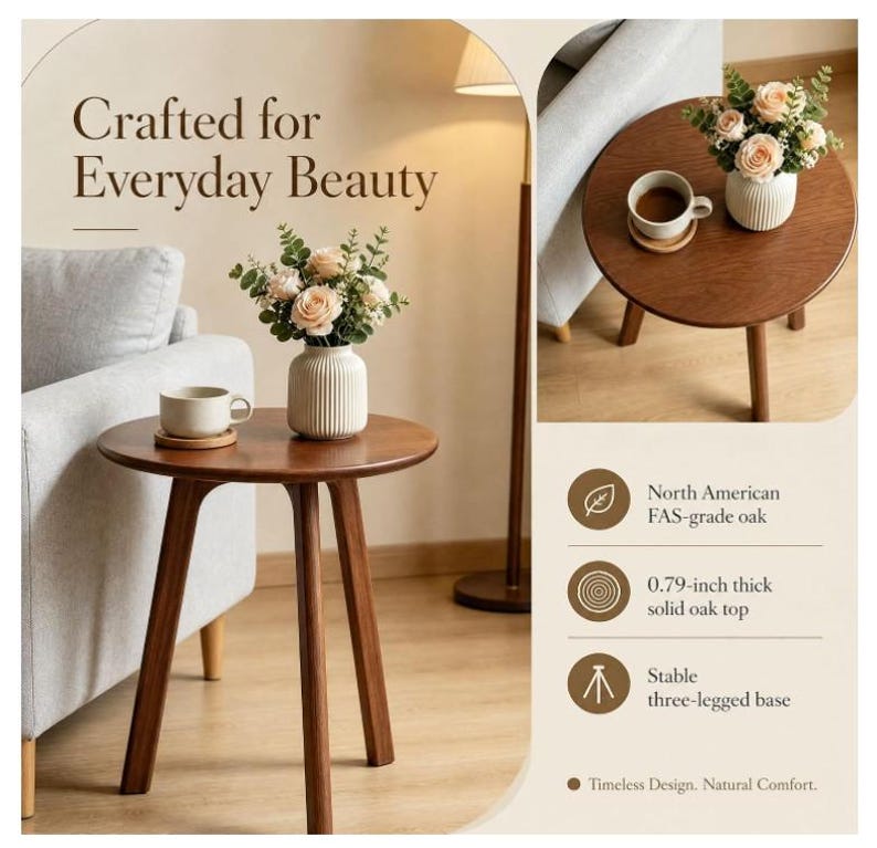 Puede incluir: Una mesa auxiliar redonda de roble de grado FAS de Am&eacute;rica del Norte con una tapa de madera maciza de 2 cm de grosor y una base estable de tres patas. La mesa tiene un acabado marr&oacute;n c&aacute;lido y un jarr&oacute;n blanco acanalado con flores rosas.