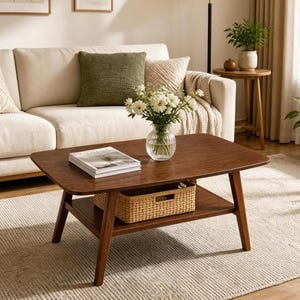 May include: A rectangular wooden coffee table with rounded corners and four tapered legs. The table features a lower shelf containing a woven basket. On the tabletop sits a clear glass vase filled with white flowers and a stack of two books.