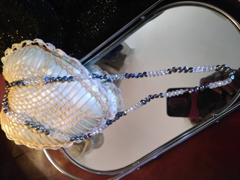 Vivaciously Cascading Fully Faceted Vintage Crystal and Bronzed Bluish Purple Baroque Freshwater Pearl Hand Knotted Necklace