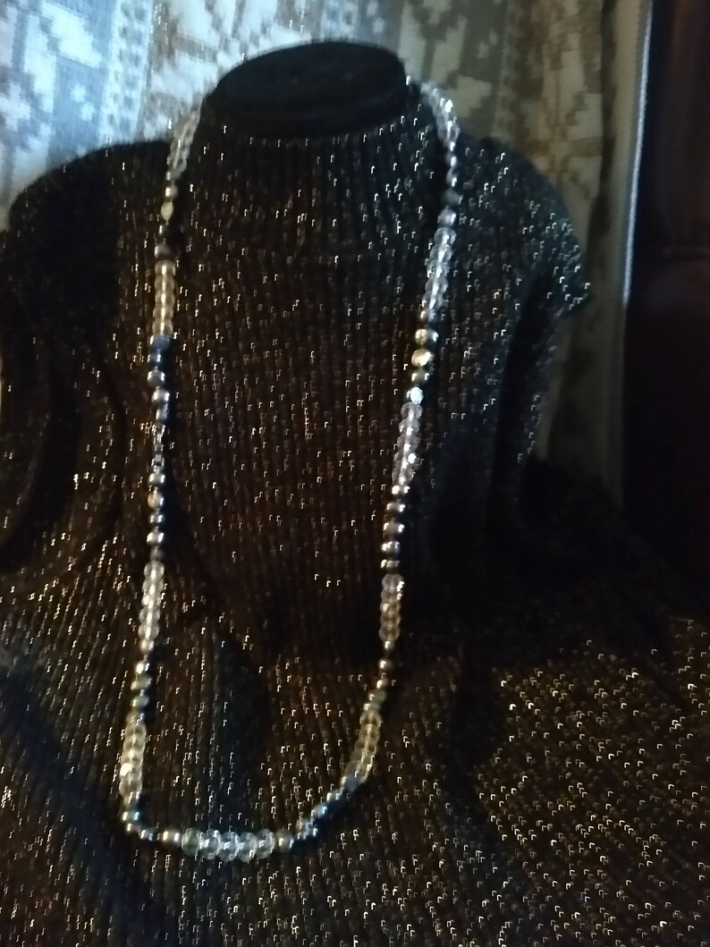 Vivaciously Cascading Fully Faceted Vintage Crystal and Bronzed Bluish Purple Baroque Freshwater Pearl Hand Knotted Necklace
