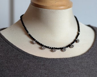 Black Bead Necklace With Sterling Silver Fan Shaped Charms, Black and Silver Dressy Choker Necklace For Women