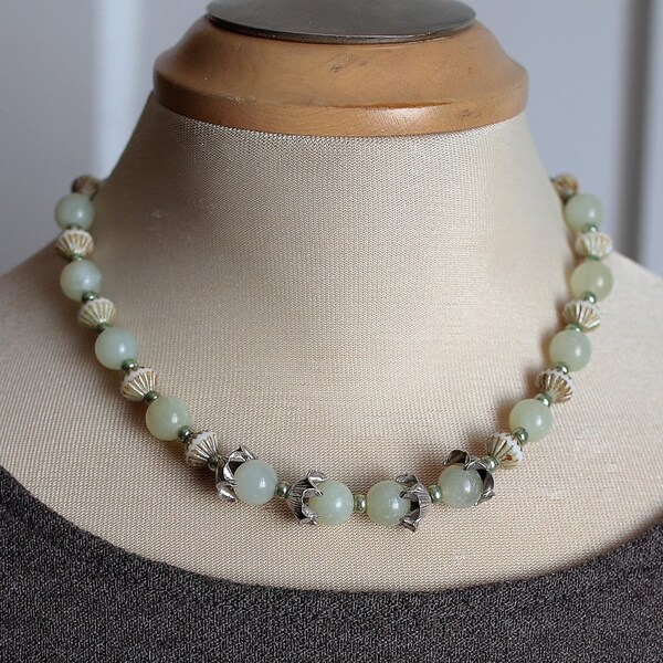 Jade and Sterling Silver Necklace, Pale Sage Green Jade Short Necklace, Women's Boho Chic Statement Necklace