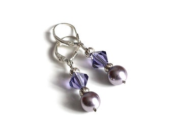 Purple Earrings, Two Tone Purple, Crystal & Faux Pearl Earrings, Sterling Silver Dangle Drop Earrings