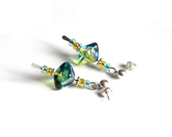 2 Tone Teal Yellow Large Bead Earrings, Colourful Earrings, Glass Bead Sterling Silver Statement Earrings, Post Stud Earrings