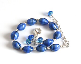 Blue Czech Glass Bead Bracelet For Women, Sterling Silver, Blue Jewelry