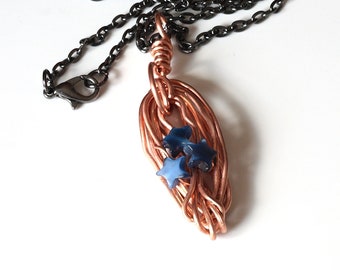 Blue Stars Copper Pendant Necklace, Mixed Metal, Boho Necklace For Women