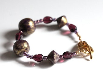 Purple and Gold Casual Statement Bracelet for Women, Mixed Media, Bohemian Fashion Jewelry