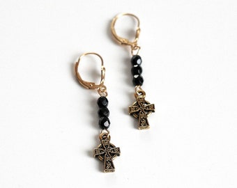 Cross Earrings, Black Beaded Celtic Cross Earrings,  14K Gold Filled Leverbacks, Cross Dangle Earrings