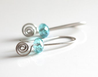 Long Sterling Silver Drop Earrings With Blue Turquoise Crystals, Swirl Spiral Earrings, Gift For Her