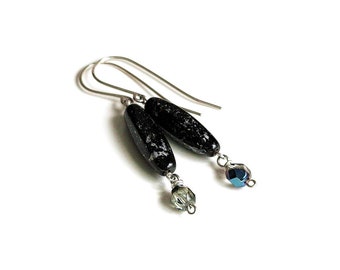 Long Dangle Black Bead Earrings, Sterling Silver, Everyday Earrings