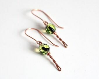 Copper Dangle Earrings, Green Glass Bead Earrings, Casual Boho Style Earrings