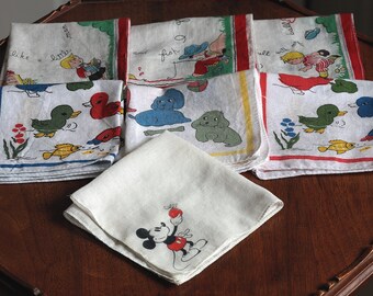 Vintage 1950's Children's Hankies, 7 Kid's Handkerchiefs, Retro Children's Hankies, Repurpose Fabric, Sewing Supply