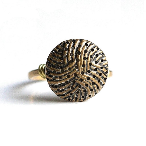 Upcycled Brass Button Size 9 Adjustable Ring, Index Finger Ring, Old Brass Button Statement Ring, Old Button Jewelry