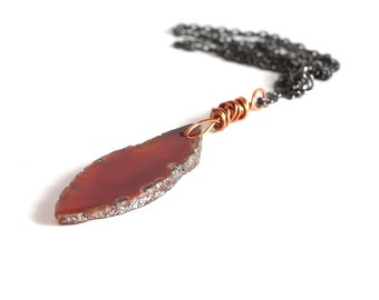 Agate Slice Pendant Necklace, Reddish Brown/Burnt Orange Stone Necklace, Casual Mixed Metal Necklace For Women