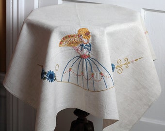 Vintage Embroidered Lady Small Tablecloth, Feminine Home Decor, Bedside Tablecloth 36 inch x 32 inch