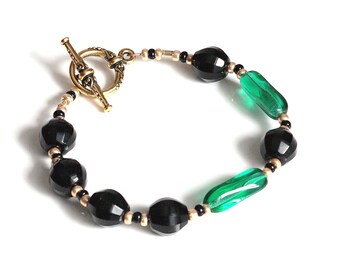 Black Emerald Green Gold Beaded Bracelet, Classic Design, Asymmetrical, Women's Bracelet
