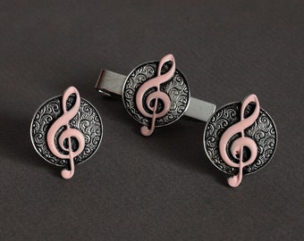 Vintage Music Note Jewelry, Treble Clef Cufflinks & Matching Tie Clip Set, Gift For Musician