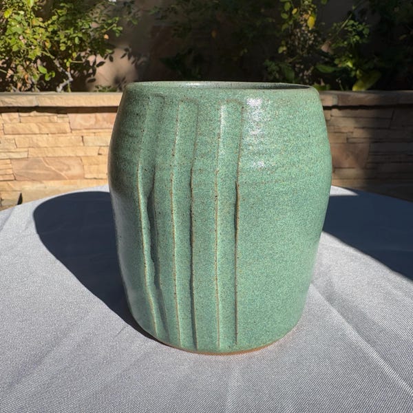 Handmade Carved Ceramic Vase/ Utensil Crock in Sage