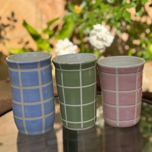 May include: Three ceramic vases in blue, green, and pink, each with a grid pattern in white. The vases are cylindrical with a slightly flared top. The background features greenery and sunlight.