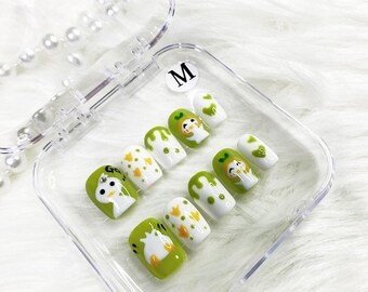 Hand Drawn Duck Press On Nails, New Design Nail Art, Fake Nail for Birthday, Holiday Nail, Gift For Her Green Nails Short Nails