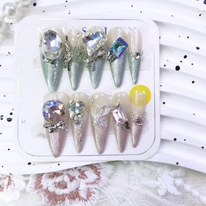 Pink And Green  Press-On Nails Handmade Full Rhinestone Glam Nails, High-End Sparkling Bridal Nail Art, False Nails Long nails
