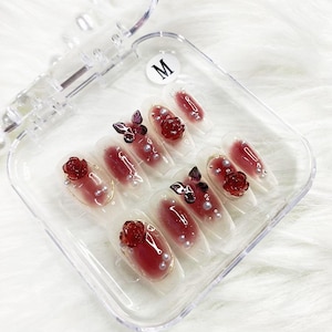 Plum Sauce PRESS ON NAILS Handmade Nails, New Design Nail Art, Fake Nail for Birthday, Holiday Nail, Red nails Long nails
