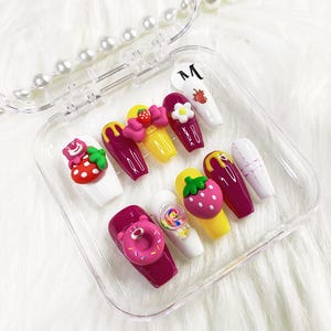 Kawaii 3D Press-On Nails, Cute Strawberry & Bear Nail Art, Handmade Candy-Themed Fake Nails, Red Nails, Long Nails