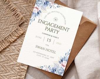 Blue Flower Engagement Party Invitation Template, Editable Wedding Engagement Party Invite, Personalised Digital Invitation