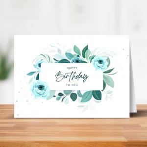 Cartão de Feliz Aniversário Rosa Azul - Cartão de Aniversário Floral Digital - Cartão de Aniversário Feminino para Imprimir