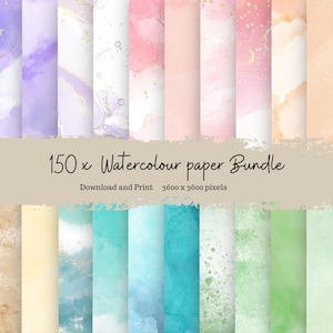 Paquete completo de la tienda: papel digital de acuarela para scrapbooking (patrones digitales de 12 x 12 pulgadas) y papeles con purpurina pastel.