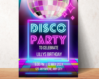 Neon Disco Party Invitation, Editable glow party Invite, Instant Download, digital  birthday Party Invitation Template